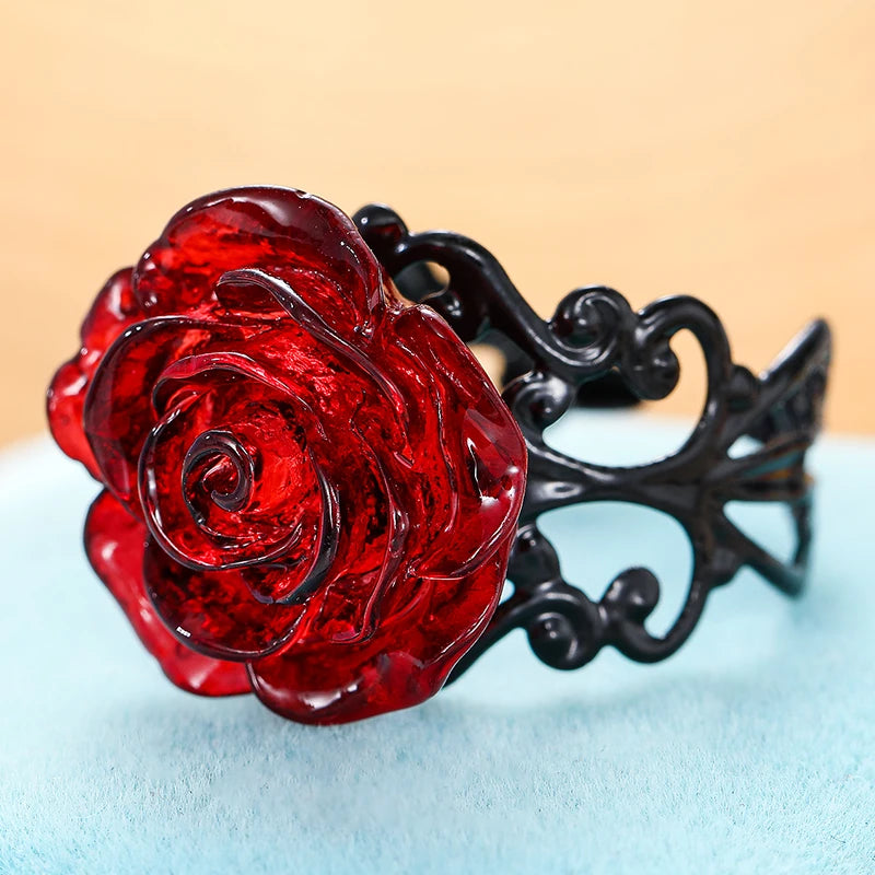 Punk Gothic Red Rose Ring Adjustable Hollow Rings for Women Witch Pagan Vintage Creative Halloween Cool Girl Gift Party Jewelry