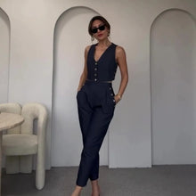 Load image into Gallery viewer, Women Two Piece Sets Long Pants Sets Loose Sleeveless Vest Tops Button High Waist Pant Solid Elegant Splice Casual Summer