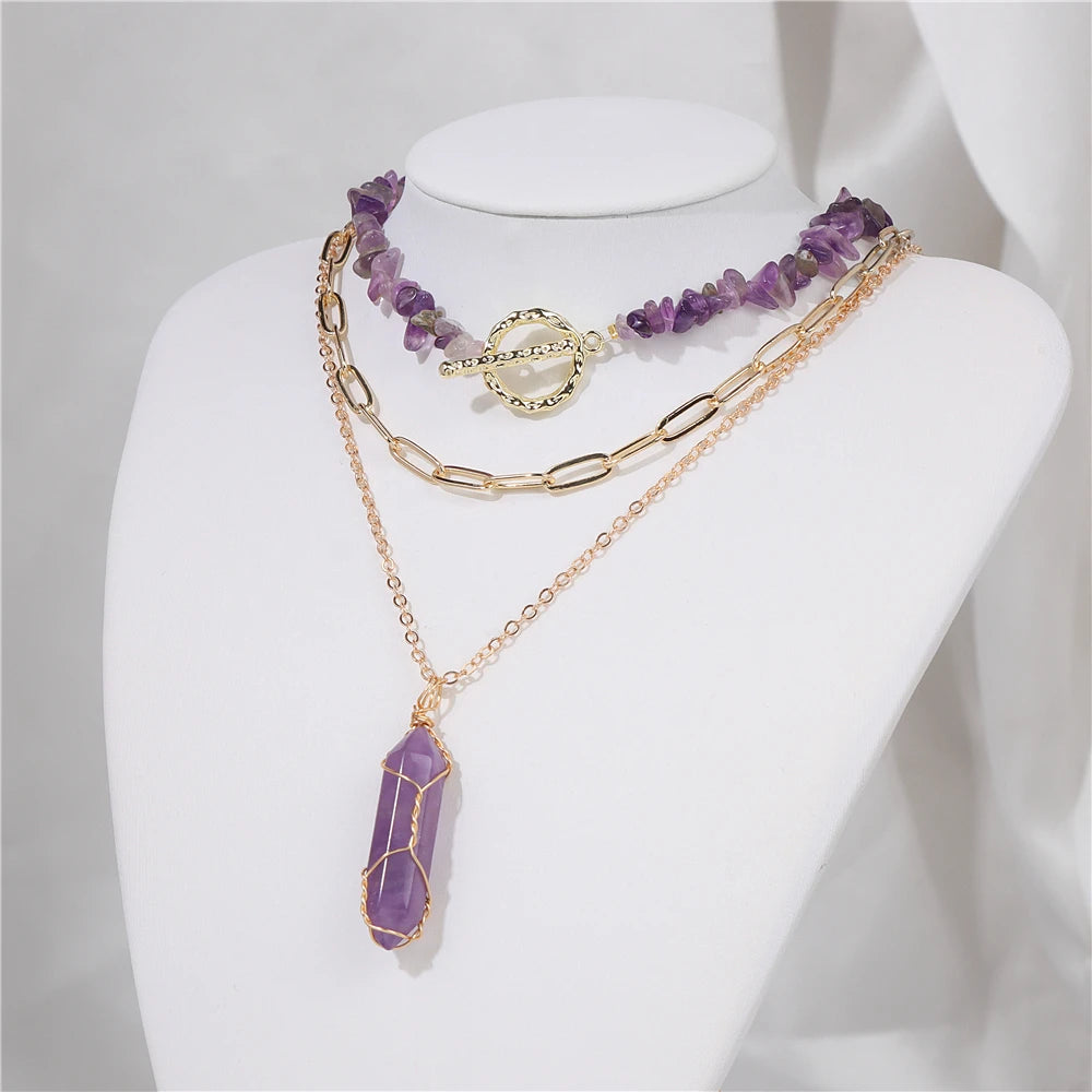 3Pcs/Lot Irregular Stone Necklaces Freeform Natural Stone Pendant Necklace Crystals Amethysts Necklace for Women Men Jewelry