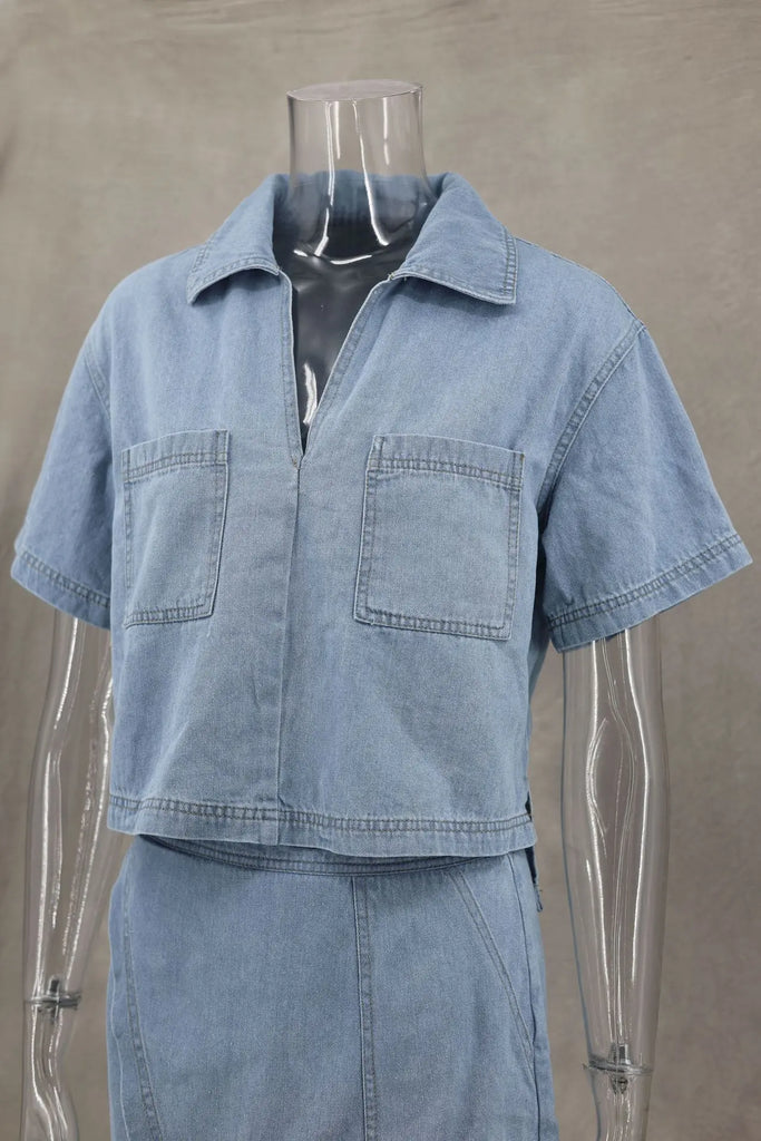 2024 Summer Women Blue Denim Skirt Suit Loose 2 Piece Set Short Sleeve with Pocket Shirt and Irregular Skirt Female Street Out