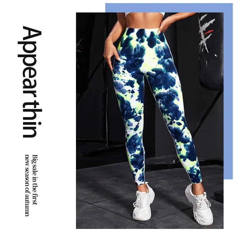 Seamless Knit Leegings Female Tie Dye Fitness Pants High Waist Hip Liftting Tights Outdoor Running Elastic Slim Yoga Leggings