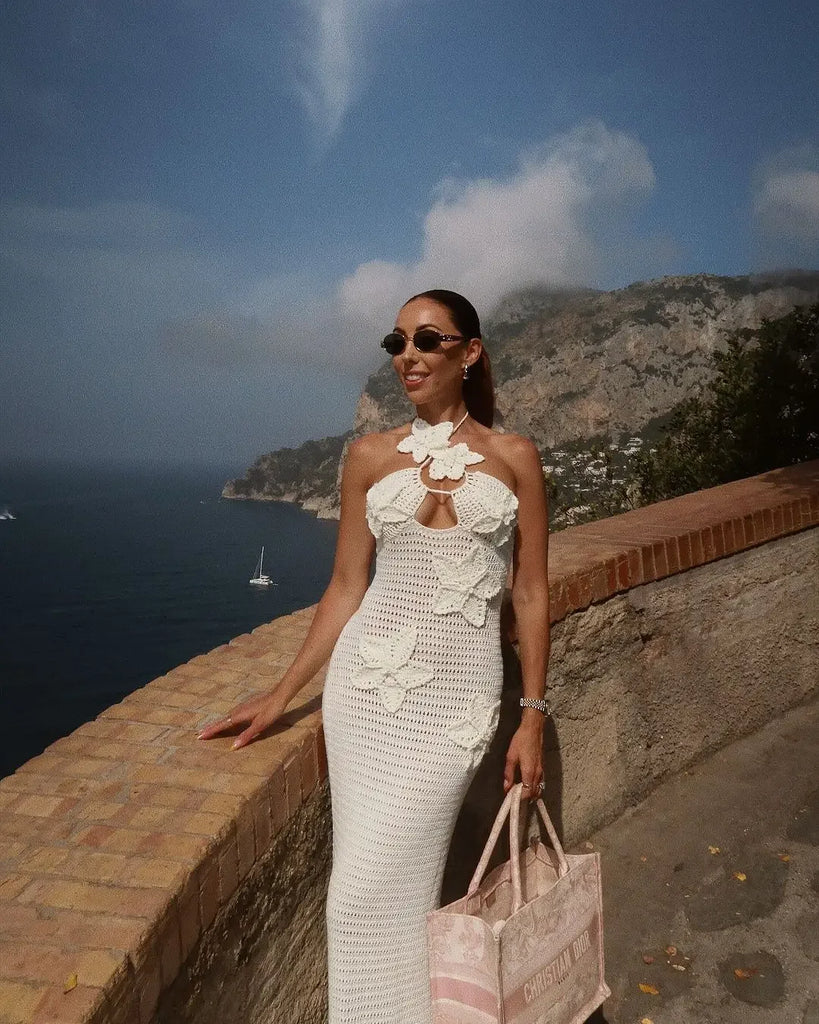 Fashion Halter Crochet Hook Solid Maxi Dresses Women Elegant Backless Off Shoulder Slim Long Dress 2024 New Lady Beach Robes