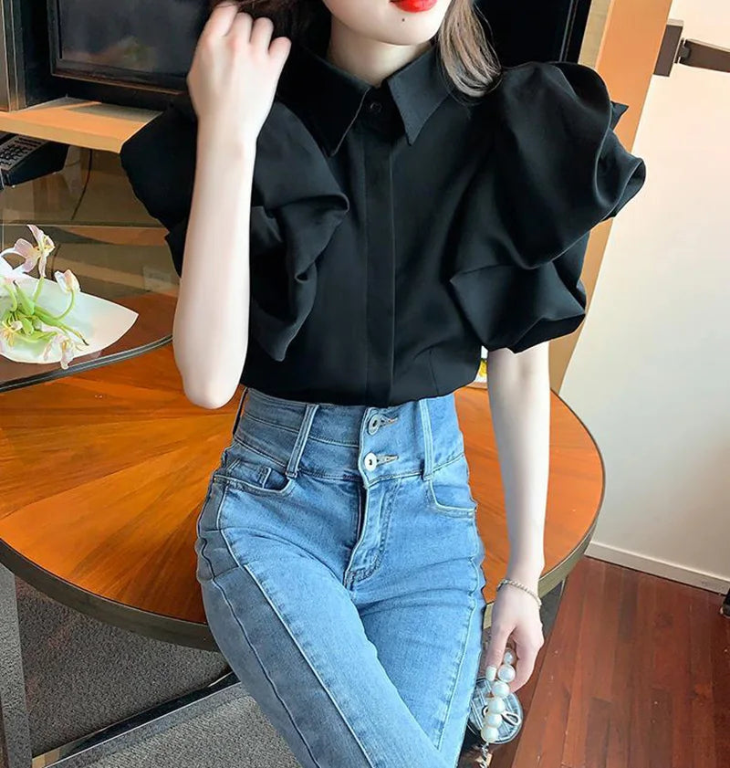 Korean Vintage Puff Sleeve Women Summer Chic Black Fashion Blouse Design Office Lady Tops Harajuku Casual White Tops