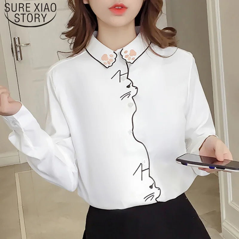 Fashion Women Blouses Autumn Chiffon Blouse Cotton Edge Lace Blouses Shirt Butterfly Flower Shirt Women Tops Blusas New 4073