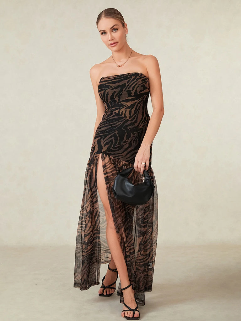 Women’s Tube Top Dress Slim Strapless Backless Mesh Leopard Print High Slit Long Dress Party Club Night Dress