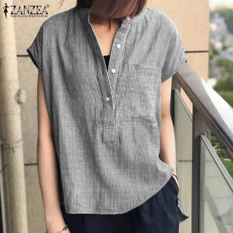 ZANZEA Women O Neck Short Sleeve Blouse Striped Printed Shirt Button Bohemian Casual Summer Tops Loose Work Blusas Femme Chemise