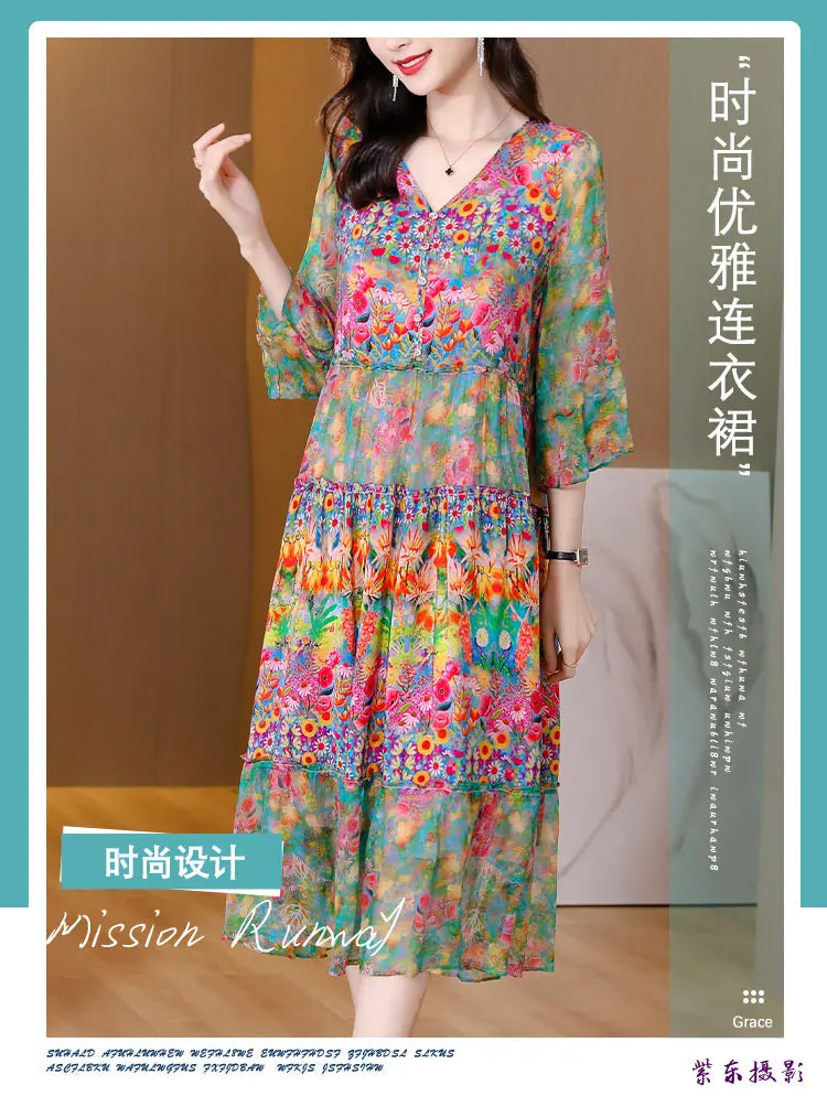 Summer Dress 2023 Woman Silk Floral Dress Elegant Long Beach Vintage Dresses for Women