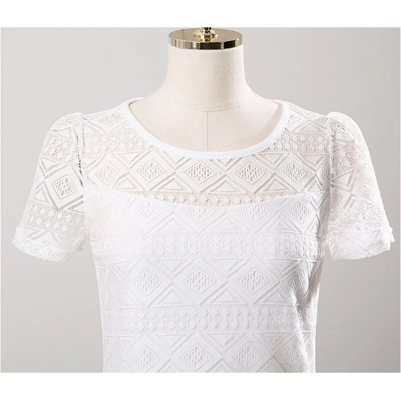 Women Summer Chiffon Blouse Lace Crochet Female Korean Shirts Ladies Blusas Tops Shirt White Blouses Slim Fit Tops 2024 New