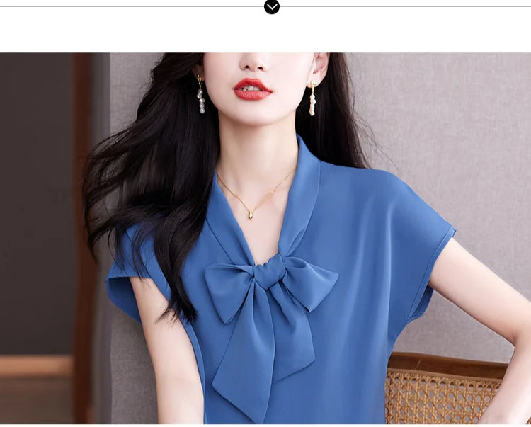 Bow Tie Blouse Shirt for Women OL Elegant Blouses Satin Womens Tops Silk Female Clothing 2023 Korean Fashion Short Sleeve Blouse