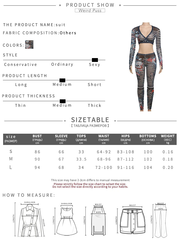 Weird Puss Sexy See Through Women 2 Piece Set Dragon Print Midnight Knot Low-Neck Crop Tops+Leggings Clubwear Matching Outfits