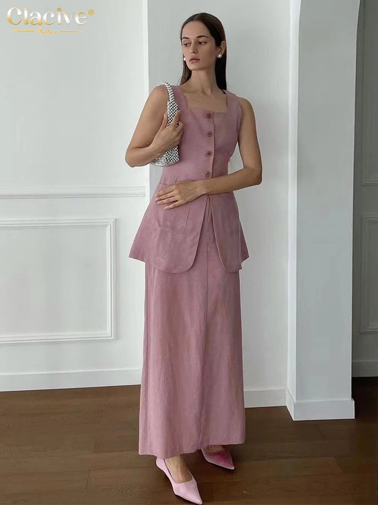 Clacive Summer Slim Brown Cotton 2 Piece Sets Women Outfit 2024 Elegant Sleeveless Tank Top With High Waist Long Skirts Set