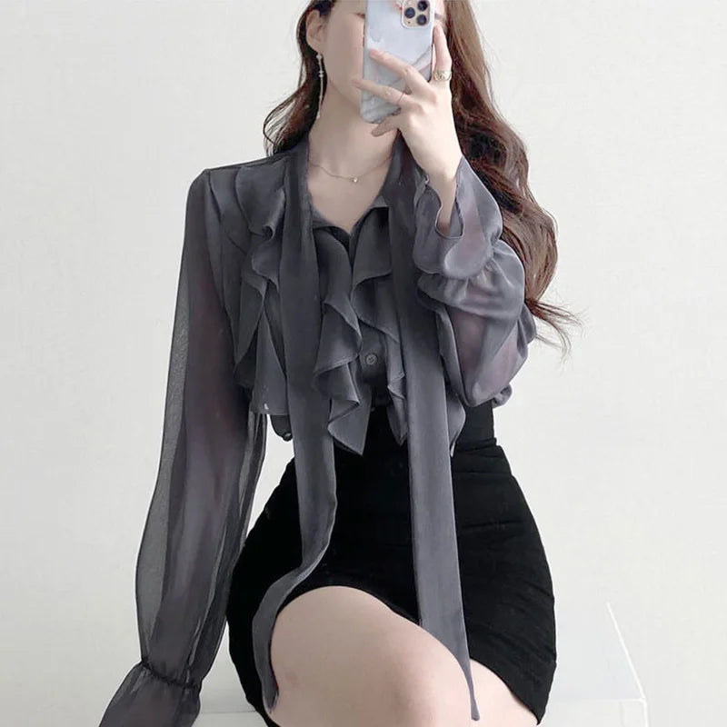 2024 Spring Chiffon Blouse Fashion Office Lady Tops Sweet Bow Shirt Women Casual Long Sleeve Female Clothing Blusas Mujer 13864