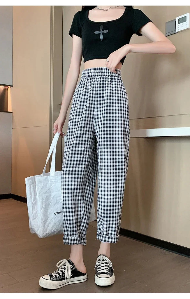 New Women's Checkered Cotton Hemp High Waist Casual Haren Pants Summer Korean Fashion Loose Women Seven Split Wide Leg Pants