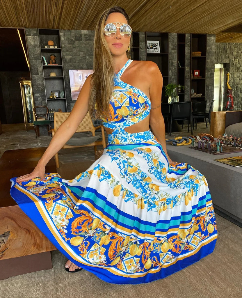 New Bohemian Sexy Printed Women Dresses Halter Sleeveless Backless Naked Waist Long Dress Fashion Summer Beach Holiday Robe