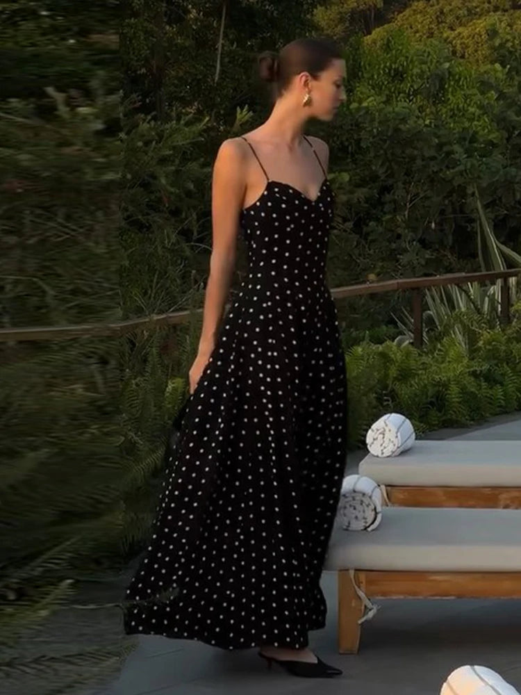 Sexy Black Spotted Backless A-line Sling Long Dresses Elegant Sleeveless High Waist Slim Dress Summer Lady Vacation Party Robes