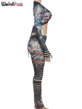 Load image into Gallery viewer, Weird Puss Sexy See Through Women 2 Piece Set Dragon Print Midnight Knot Low-Neck Crop Tops+Leggings Clubwear Matching Outfits