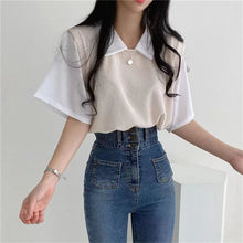 Load image into Gallery viewer, Summer Academy Style Color Blocking Polo Collar Top Fake Two-piece Short Sleeve T-shirt Women Lazy Loose Casual Versatile Blouse