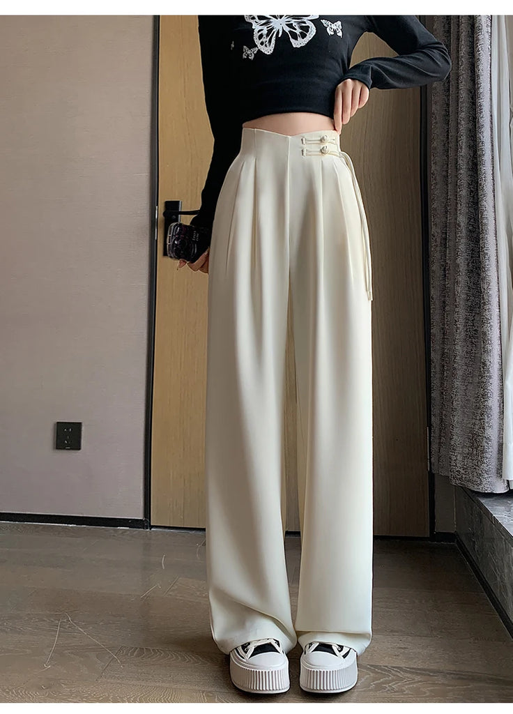 High Waist Buttons Suit Wide Leg Women's Full Pants 2024 New Spring Summer Female Elegant Minimalism Straight Loose Trousers