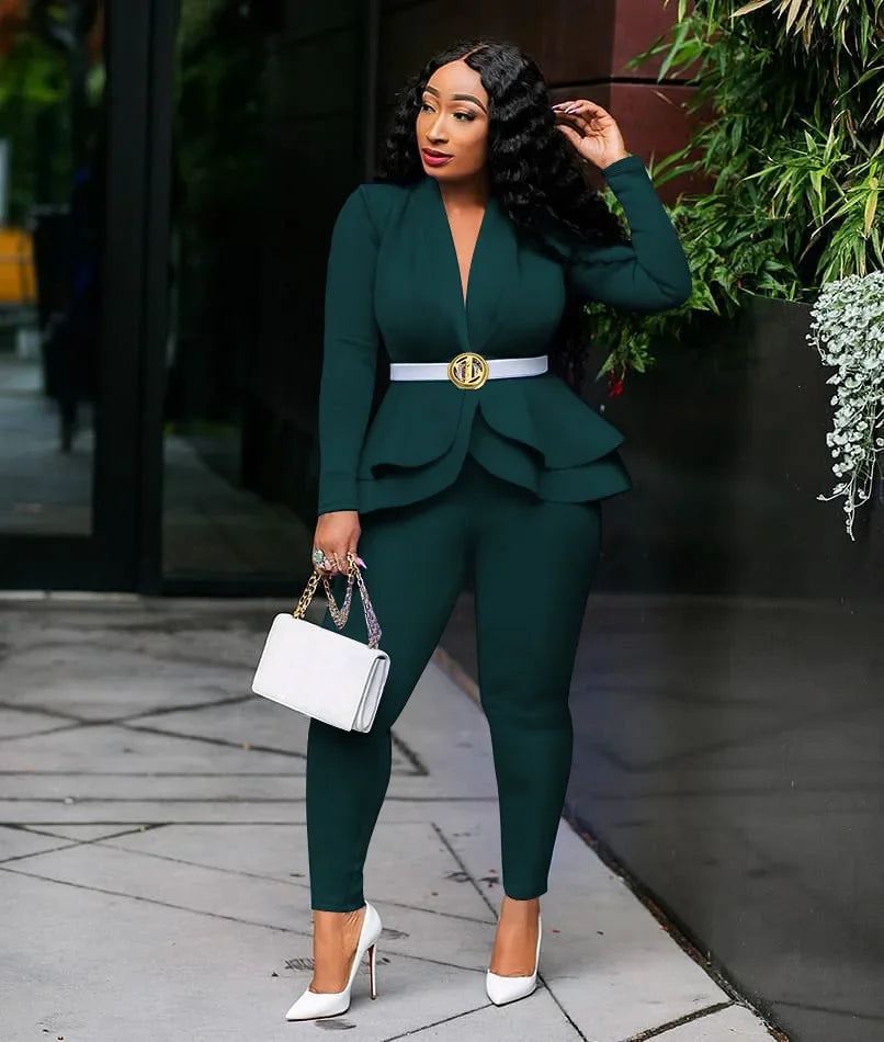 Women Fashion Women's Set Tracksuit Full Sleeve Ruffles Blazers Pants Suit Two Piece Set Office Lady Business Wear Uniform