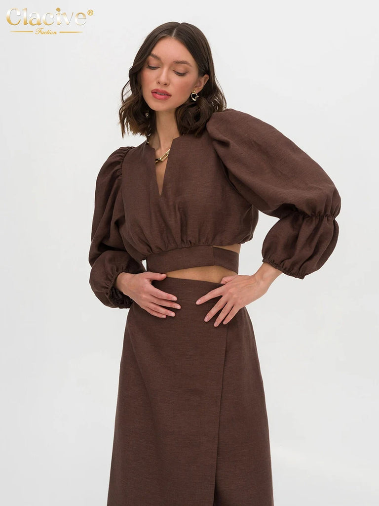 Clacive Fashion Loose Brown Linen 2 Piece Set Women Outfit Summer Long Sleeve Crop Shirt With High Waist Long Skirts Set Female