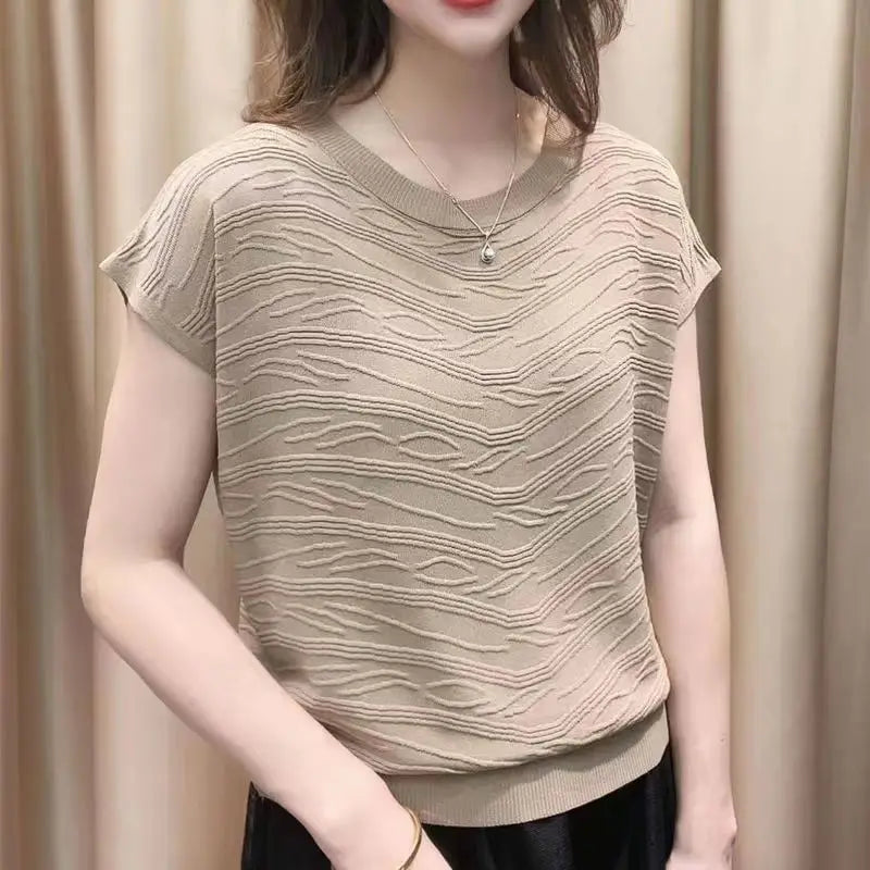 Women's Clothing Summer Fashion Elegant Solid 3D Wave Ice Silk Knitted T-shirts Simple Casual Short Sleeve Loose Pullover Tops