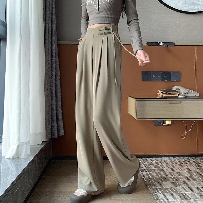 High Waist Buttons Suit Wide Leg Women's Full Pants 2024 New Spring Summer Female Elegant Minimalism Straight Loose Trousers