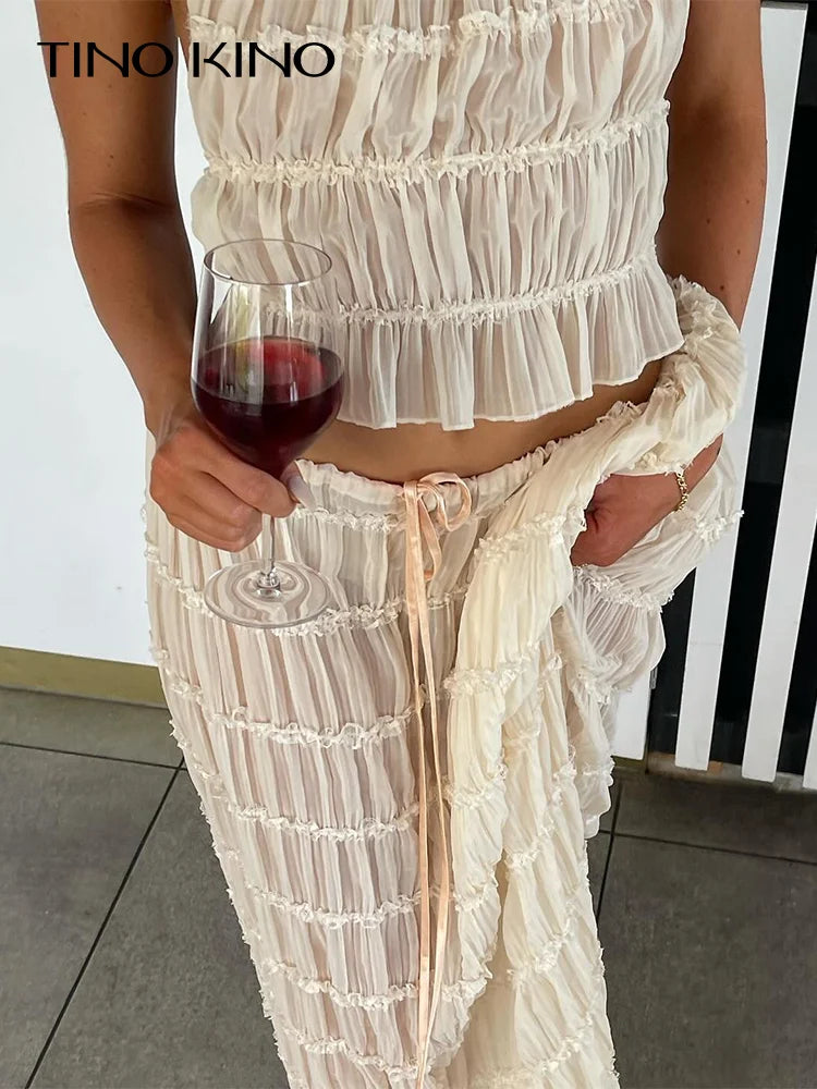 Fashion Solid Hang Neck Long Skirt Suit Women Backless Sling Top Lace Up Fold Maxi Skirts 2024 Spring Summer Female 2 Piece Set