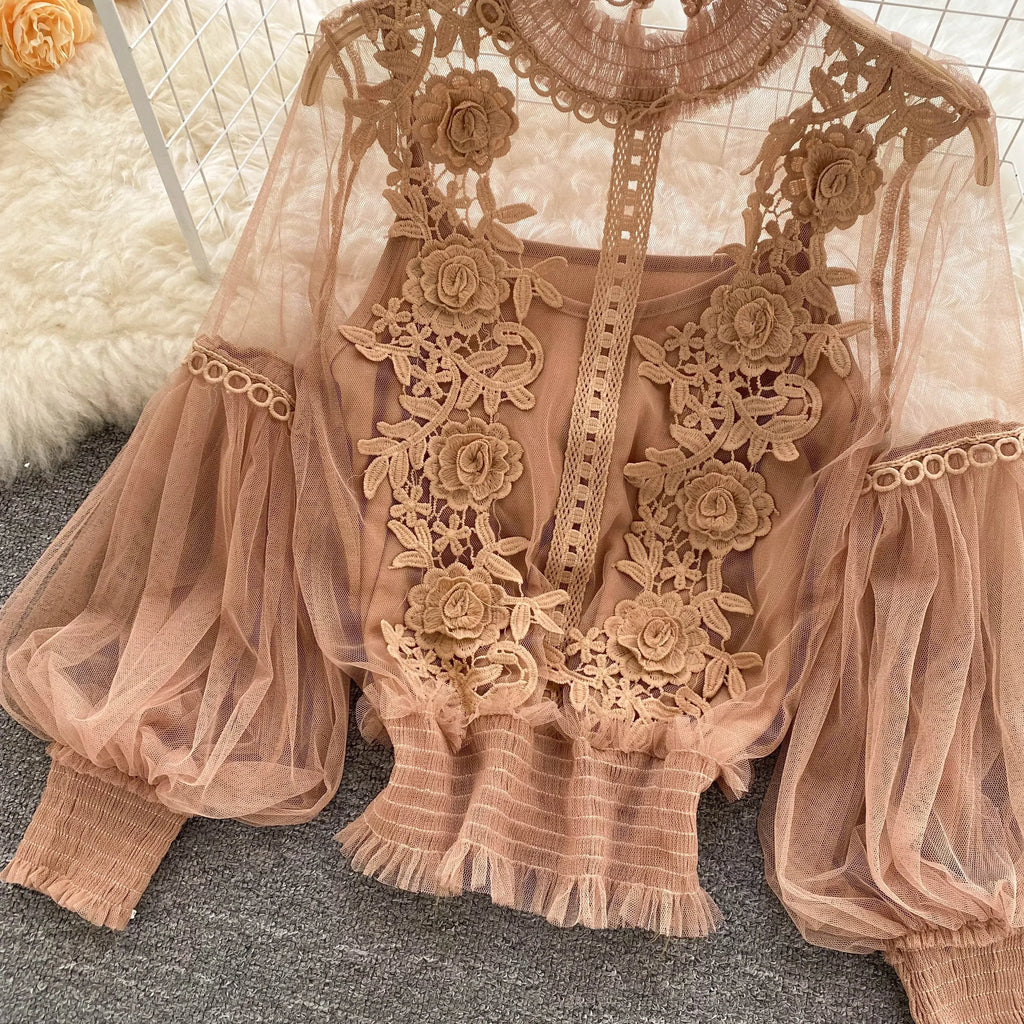 Lace Puff Long Sleeve Blouse Vintage Fashion Blouses Elegant Femme Blusas Korean Woman Tops Women Shirts Clothing Dropshipping