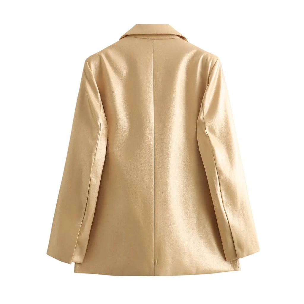 TRAFZA Spring Fashion Women Blazer Tops Gold Turn-Down Collar Long Sleeves Pockets Single Breasted Female Chic Coats Office Lady