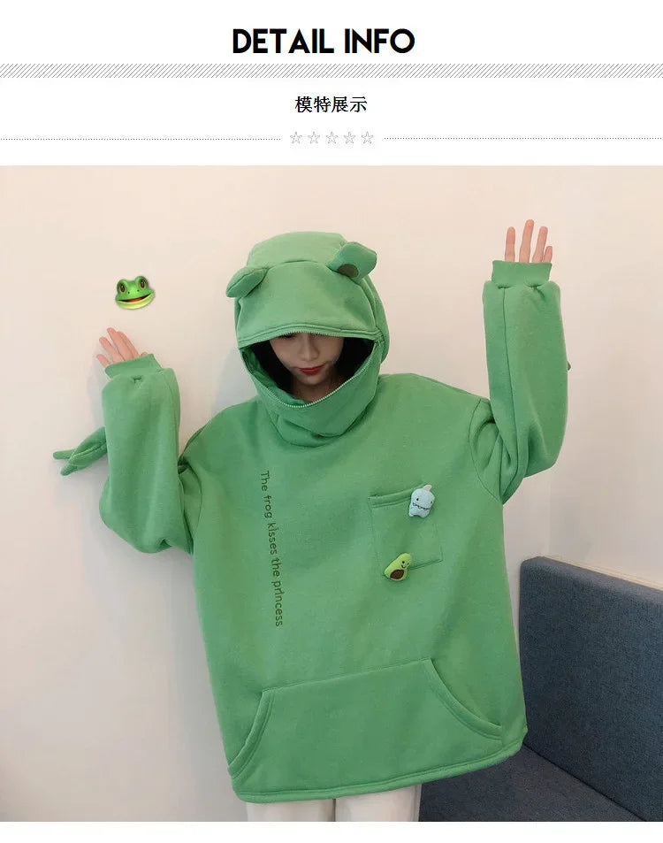 S-3XL Frog Zipper Hoodie Fleece Lined Springtime Embroidery oversized Sweatshirt Harajuku Warm Pullover Korean Style Dropship