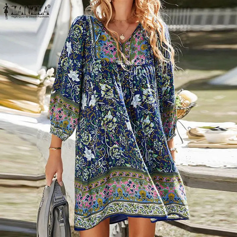 ZANZEA V-Neck Short Sleeve Floral Printed Sundress Women Summer Bohemian Dress Vintage Loose Elegant Casual Holiday Beach Robe