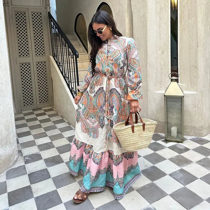 Vintage Printed Patchwork Maxi Dresses Women Causal Loose V Neck Long Lantern Sleeve Long Dress Chic Female Vacation Beach Robes