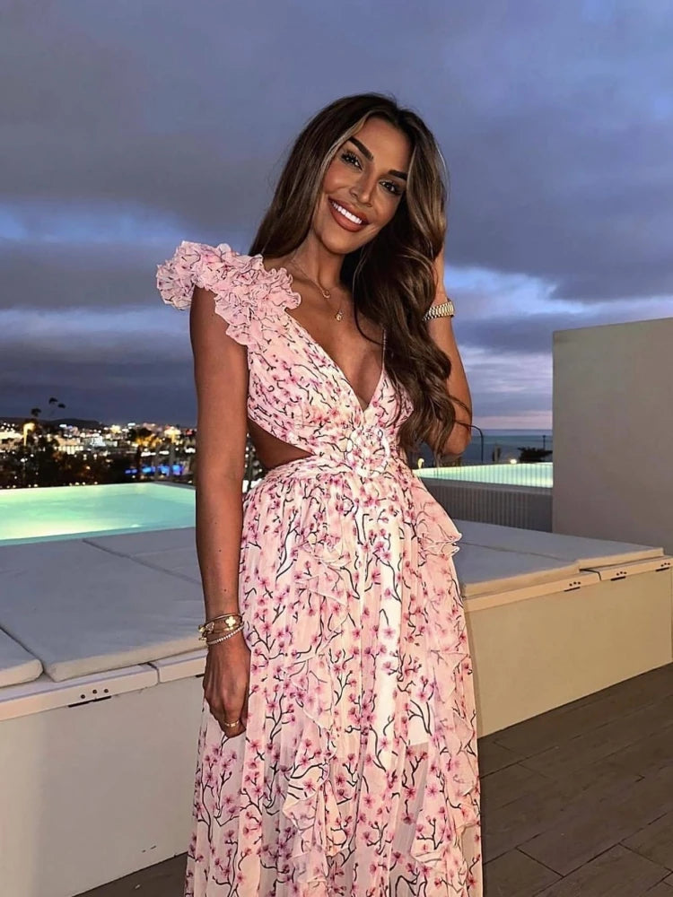 Sexy Pink Printed Deep V Neck Hollow Out Dress Women Sleeveless Ruffle Floral Split Long Dress Vacation Party Beach Vestido