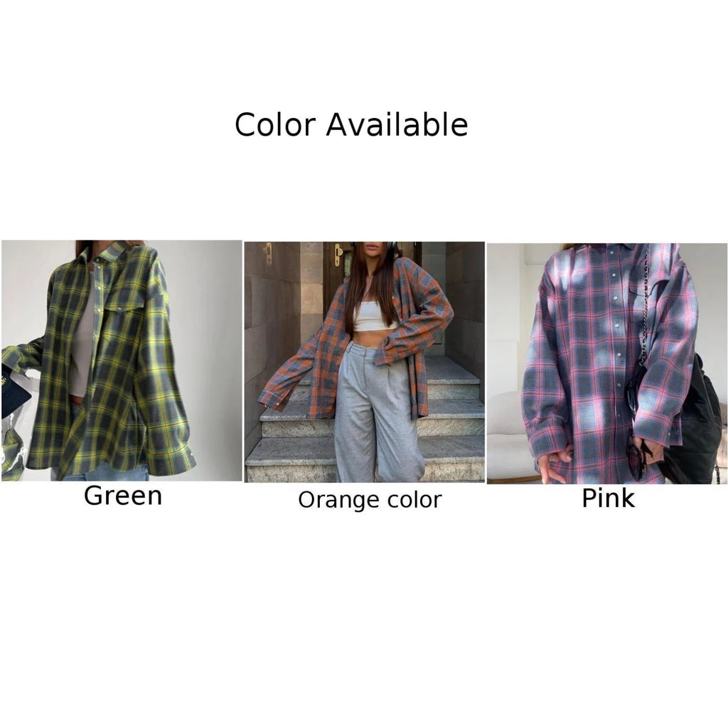 Oversized Plaid Shirt Women Vintage Autumn Jacket Tops Loose Blouse with Long Sleeve Check Pattern and Button Down