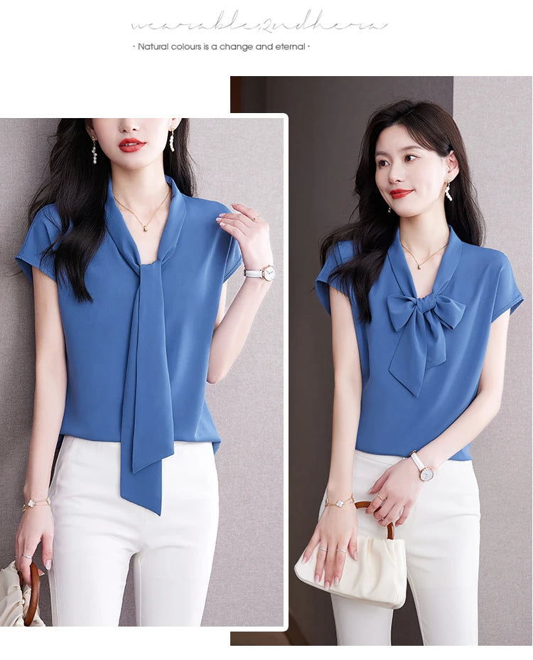 Bow Tie Blouse Shirt for Women OL Elegant Blouses Satin Womens Tops Silk Female Clothing 2023 Korean Fashion Short Sleeve Blouse