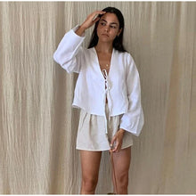 Load image into Gallery viewer, Cotton Linen Lace Up Shirts Women Solid Hollow Out V Neck Long Sleeve Loose Tops Female 2024 Spring Summer Streetwear Lady Top