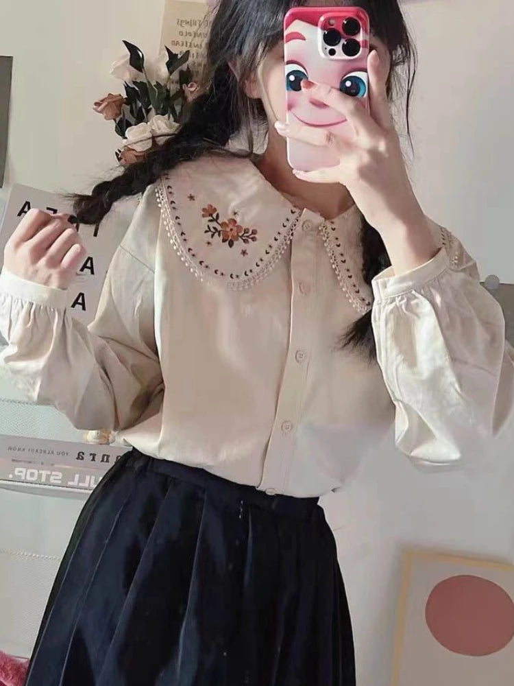 Peter Pan Collar Shirts Women Cute Korean Style Vintage Students Pure Girls Harajuku Female Fashion Chic Tops New Arrival Autumn