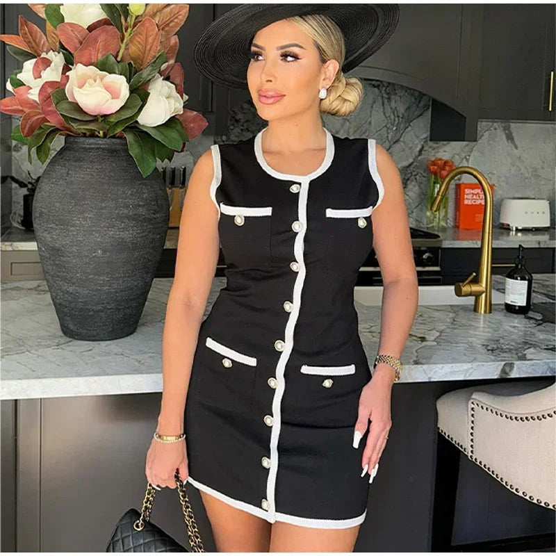 Elegant New Fake Pockets Knitted Long Dress Fashion Single Button Sleeveless O Neck Slim Dresses Summer Lady Commute Party Wear