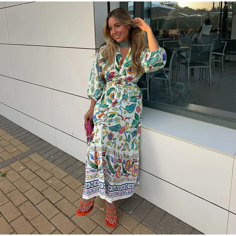 Flower Printed Hollow Out Women's Maxi Dresses Elegant V Neck Long Sleeves Lady Dress 2024 New Summer Vacation Beach Party Robes