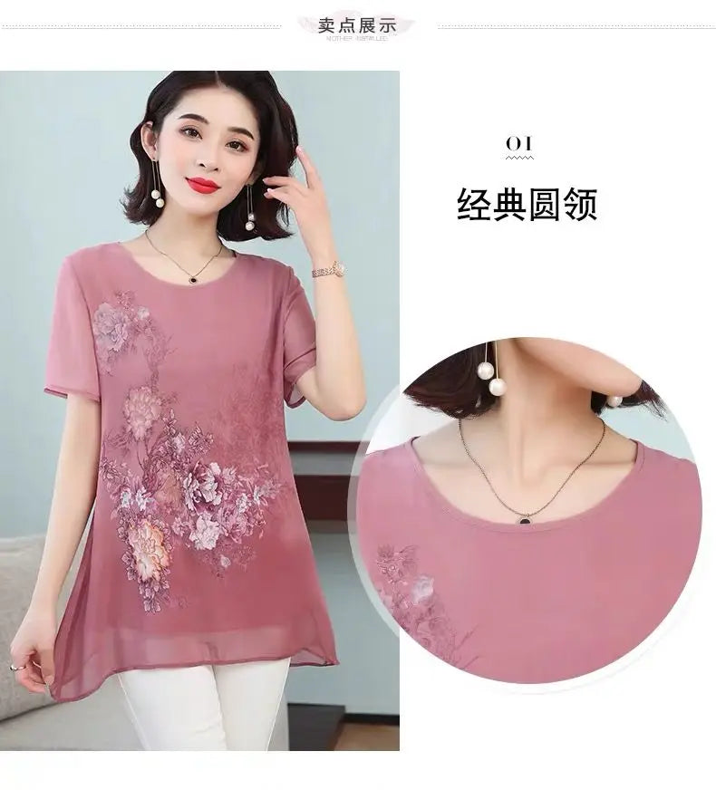 Summer Floral Printed Chiffon Shirt Short Sleeve Female Clothing Loose Stylish Asymmetrical Commute O-Neck Spliced Midi Blouse