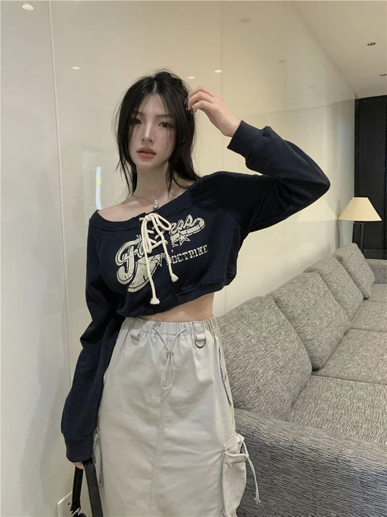 GIDYQ Korean Letter Print Short Sweatshirts Women Y2k Off Shoulder Long Sleeve Sweater Harajuku Slim Lace Up Vintage Student Top