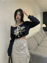 Load image into Gallery viewer, GIDYQ Korean Letter Print Short Sweatshirts Women Y2k Off Shoulder Long Sleeve Sweater Harajuku Slim Lace Up Vintage Student Top