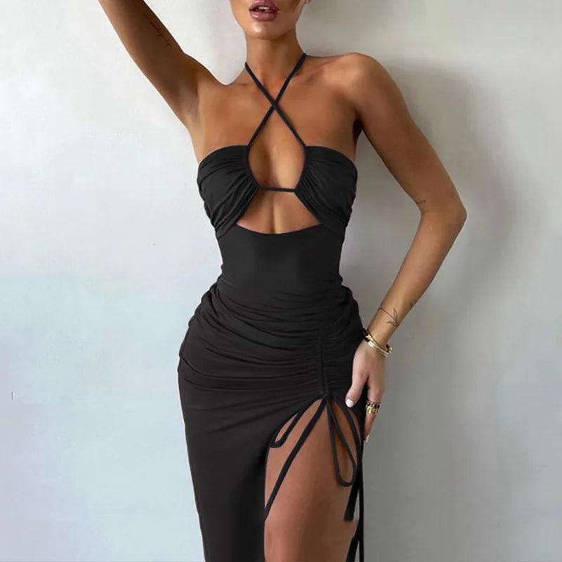 Fashion Sexy Split Dresses Women Summer Black Sleeveless Backless Hollow Out Party Dress Lace-up Halter Slim Elegant Party Dress