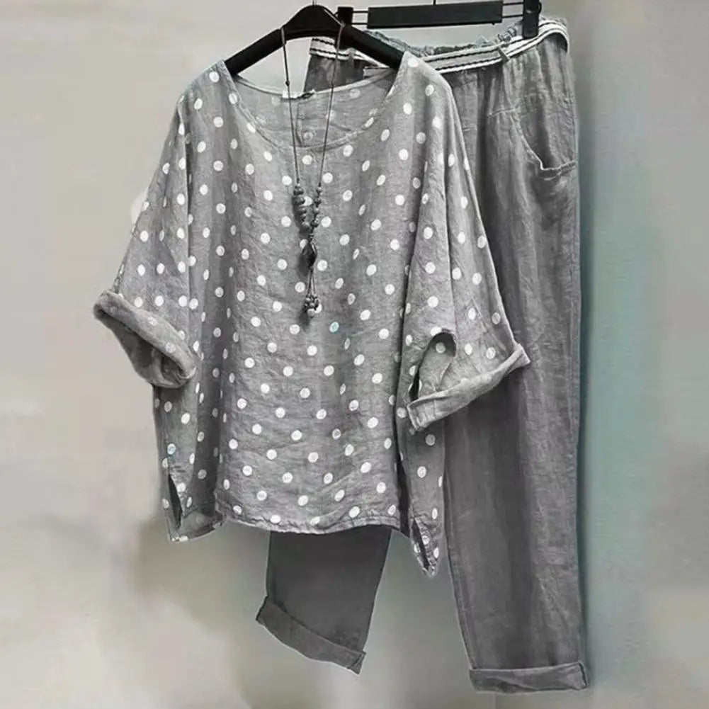 Women Outfit Spring Summer Blouse Pants Pockets Printed T shirt Trousers Raglan Sleeve T shirt Pants Two Pieces Set