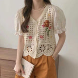 Crochet Knit Top Women Half Sleeve V-Neck Button Down Embroidery Floral Blouse Cardigan Summer Fairycore Cottagecore Outfit