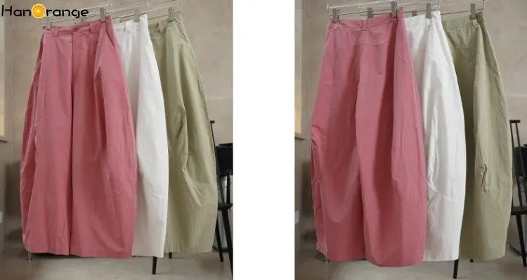 HanOrange 2024 Summer Air Feeling Neutral Arc Wide Leg Pants Women Loose Casual Trousers Female White/Military Green/Pink