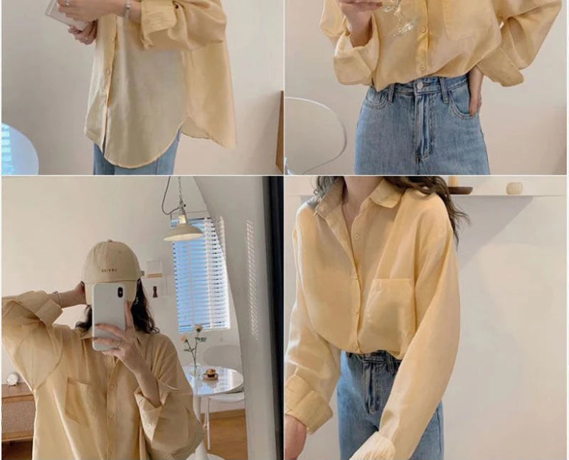 White Shirt Women Fashion Simple Preppy Style Summer Thin Top Casual All Match Korean Loose Long Sleeve Sunscreen Blouse New