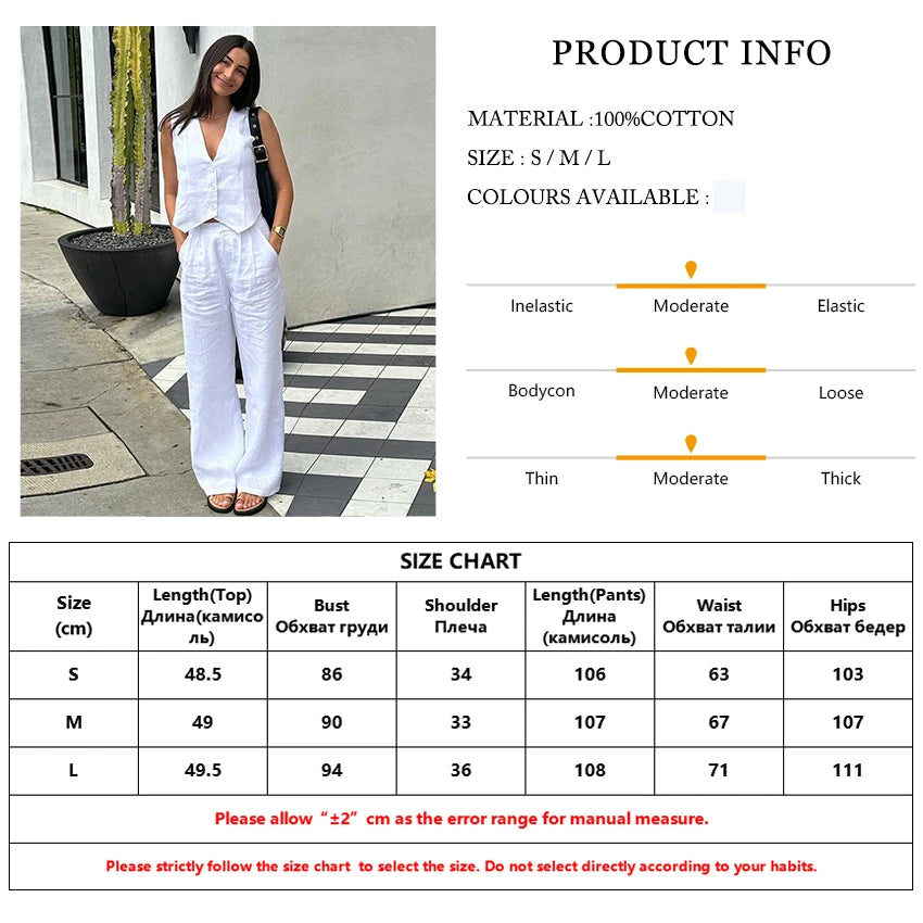 Clacive Summer White Linen Two Piece Set For Women 2024 Fashion Sleeveless Tank Top New In Matching High Waist Wide Pants Set