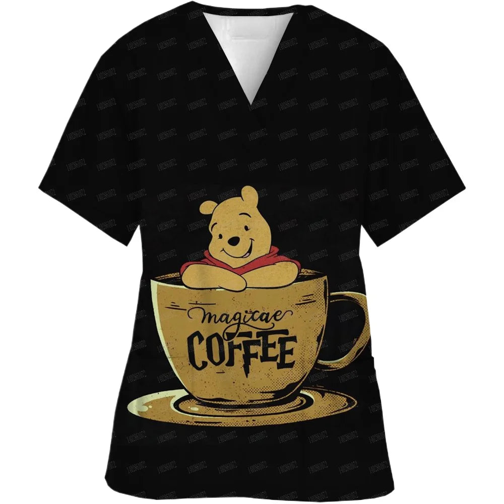 Summer  Disney Winnie the Pooh Medical Nurse Uniform Jogger Hospital Uniforms Scrubs New Spa Uniforms Women V-neck Fashion Top