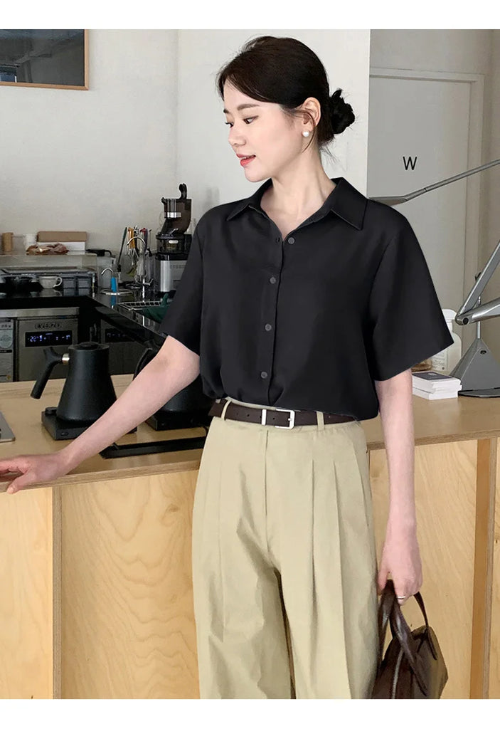 New Women'S Summer Lapel Short Sleeved Slimming Casual Versatile Shirt Female Comfortable Thin Fashionable Professional Top